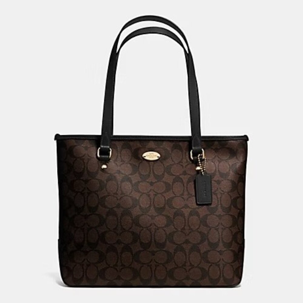 Euc Coach City Zip Top Signature Brown & Black Tote